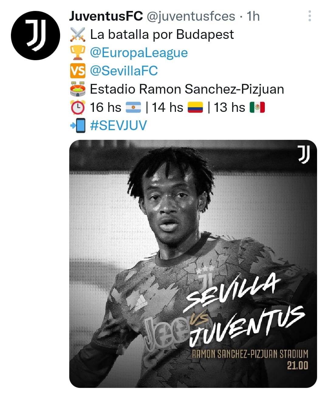 Juan Guillermo Cuadrado, confirmado en la Juventus para el juego ante Sevilla por la Europa League. / Imagen @juventusfces