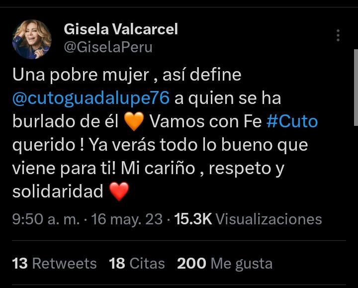 Gisela Valcárcel se solidarizó con Cuto Guadalupe. (Twitter)